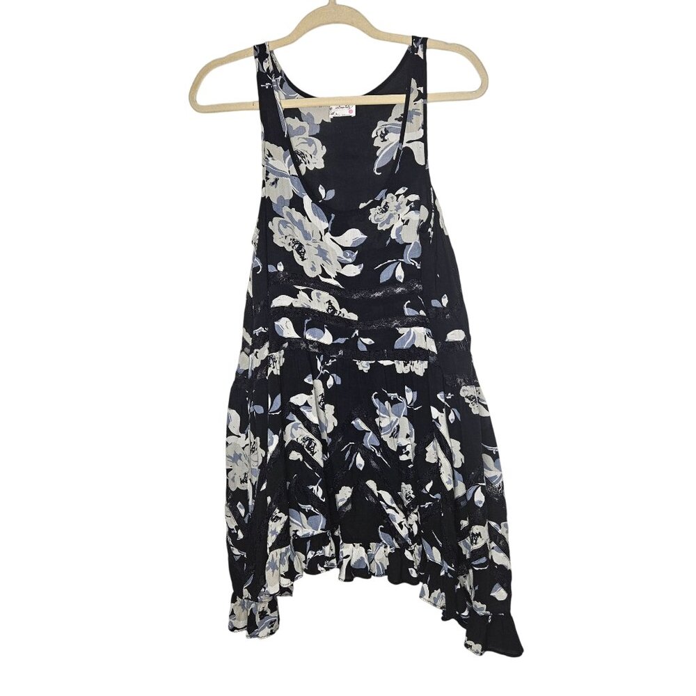 Free People Intimately Floral Lace Trim Asymmetrical Hem Dress Black White‎ S